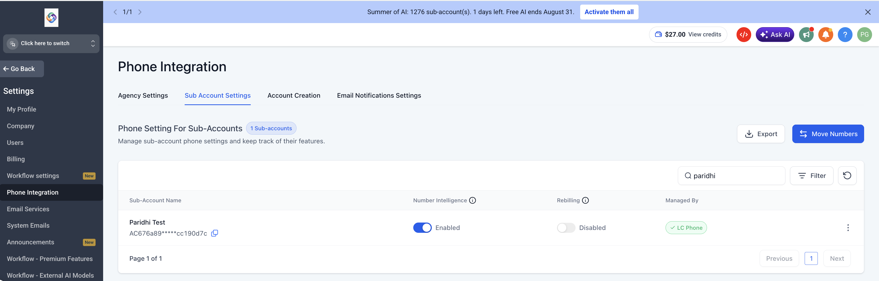 Phone Integration Sub Account Settings table view