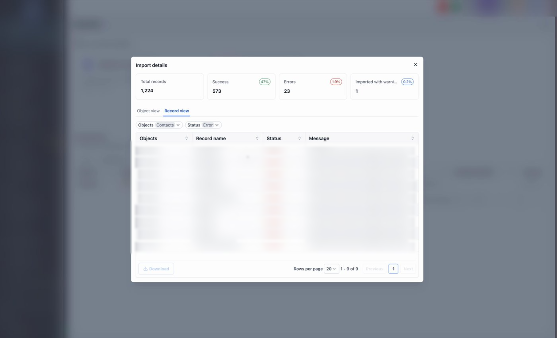 The Import details modal filtered to Status = Error, showing rows of failed records with error messages referencing HubSpot record IDs.