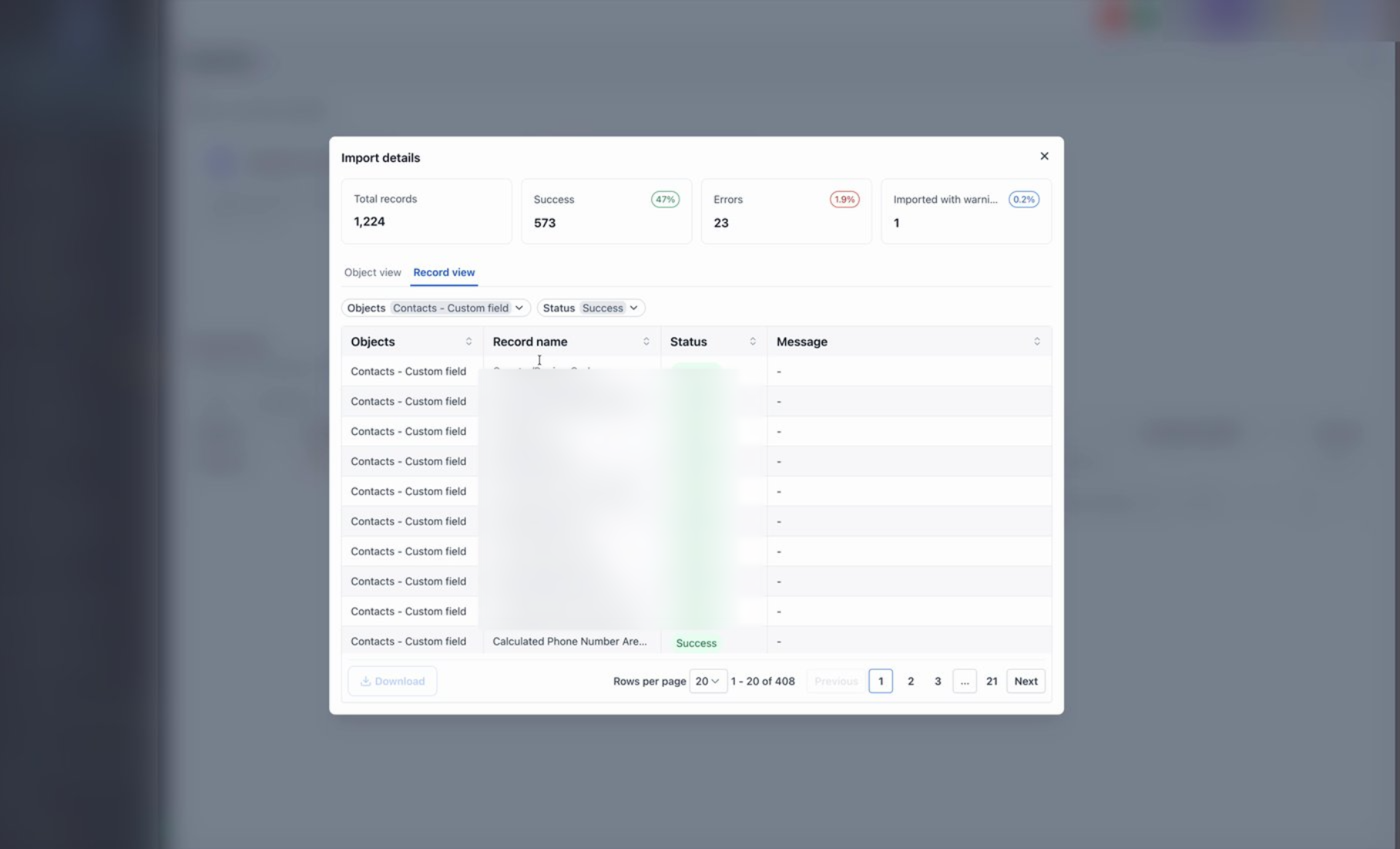 The Import details modal in Record view, filtered to Status = Success, showing successfully imported records.