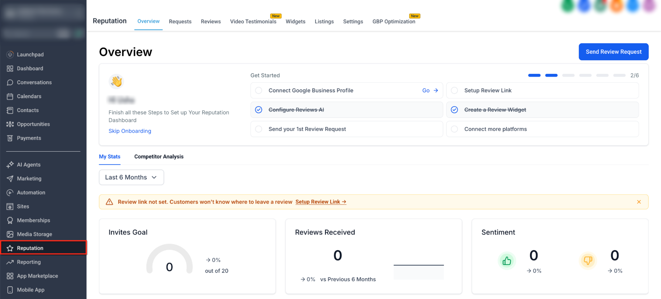 HighLevel Reputation Overview page with Reputation highlighted in the navigation.