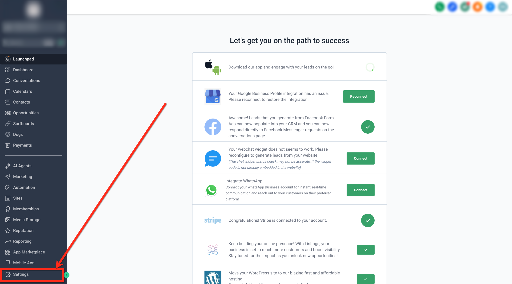 Settings option in the sub-account navigation
