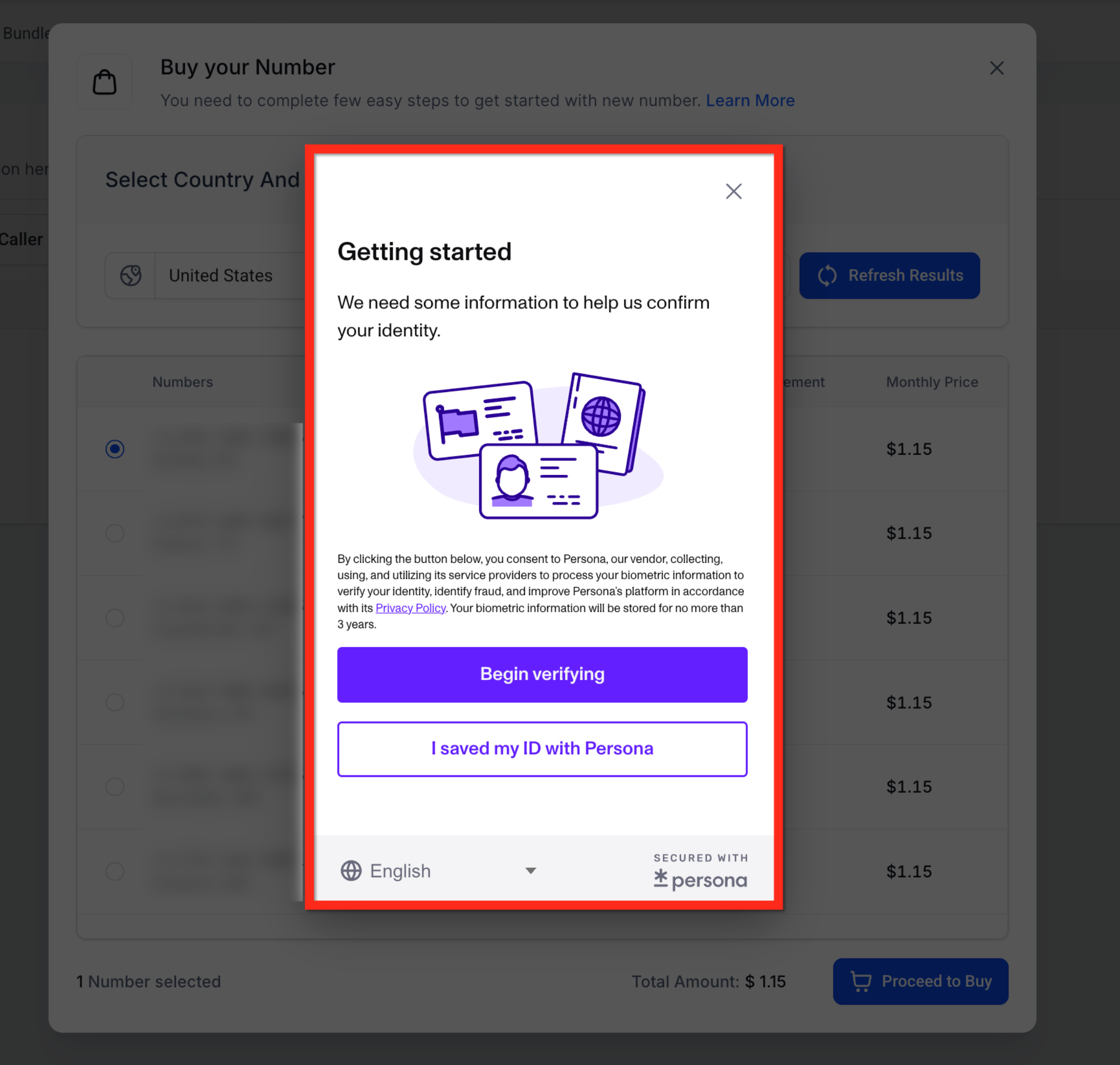 Persona identity verification modal displayed during phone number purchase