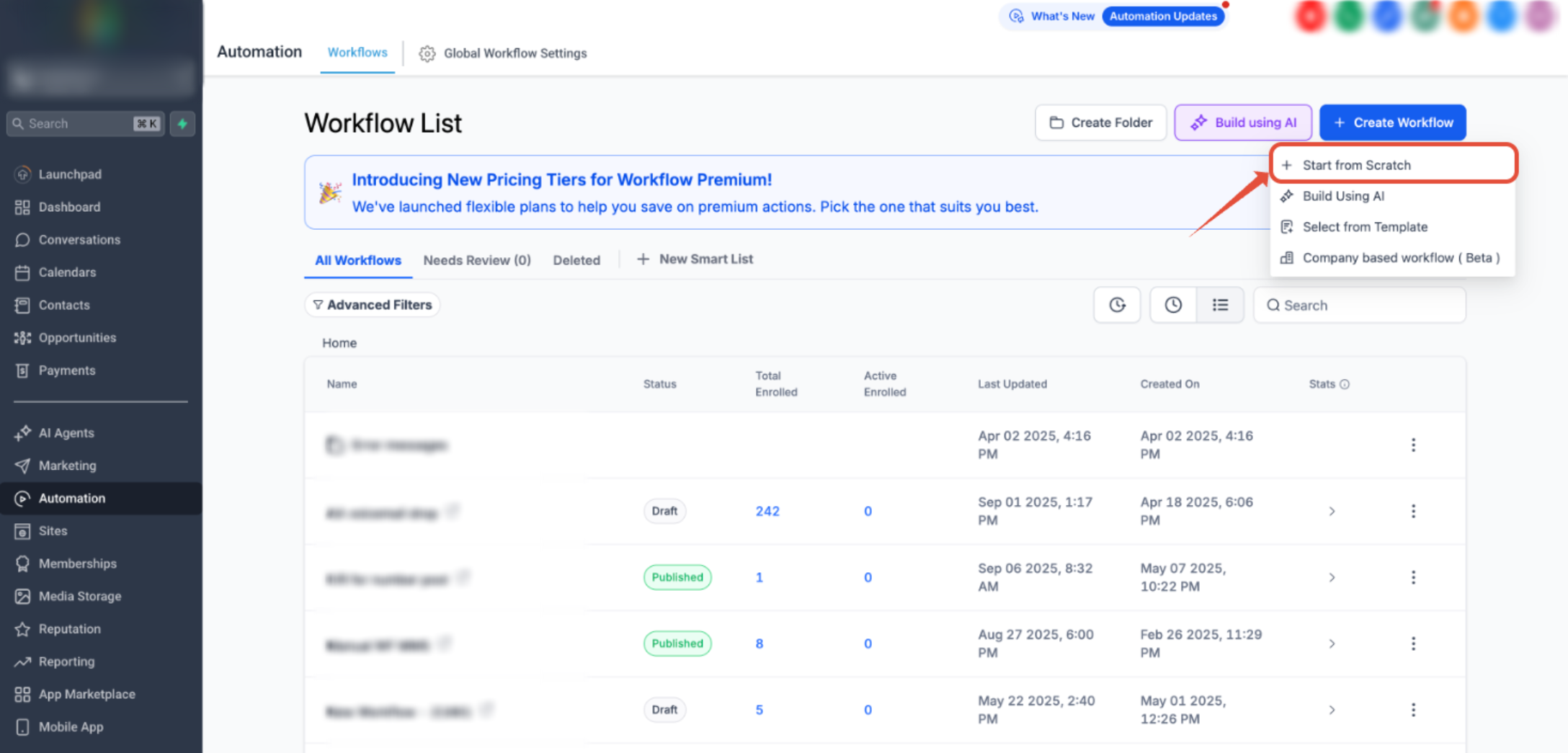 Start from Scratch option selected with Create New Workflow