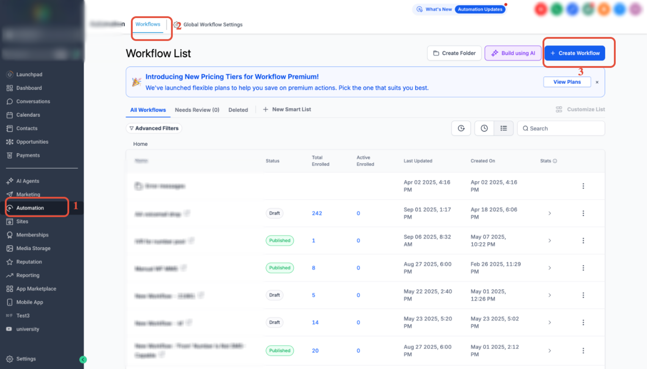 Automation menu showing Workflows and Create Workflow