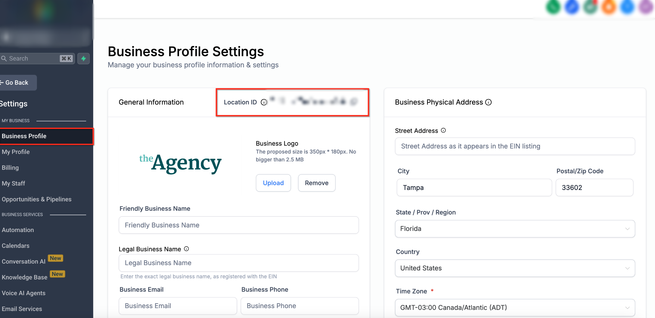 Business Profile settings showing the Location ID