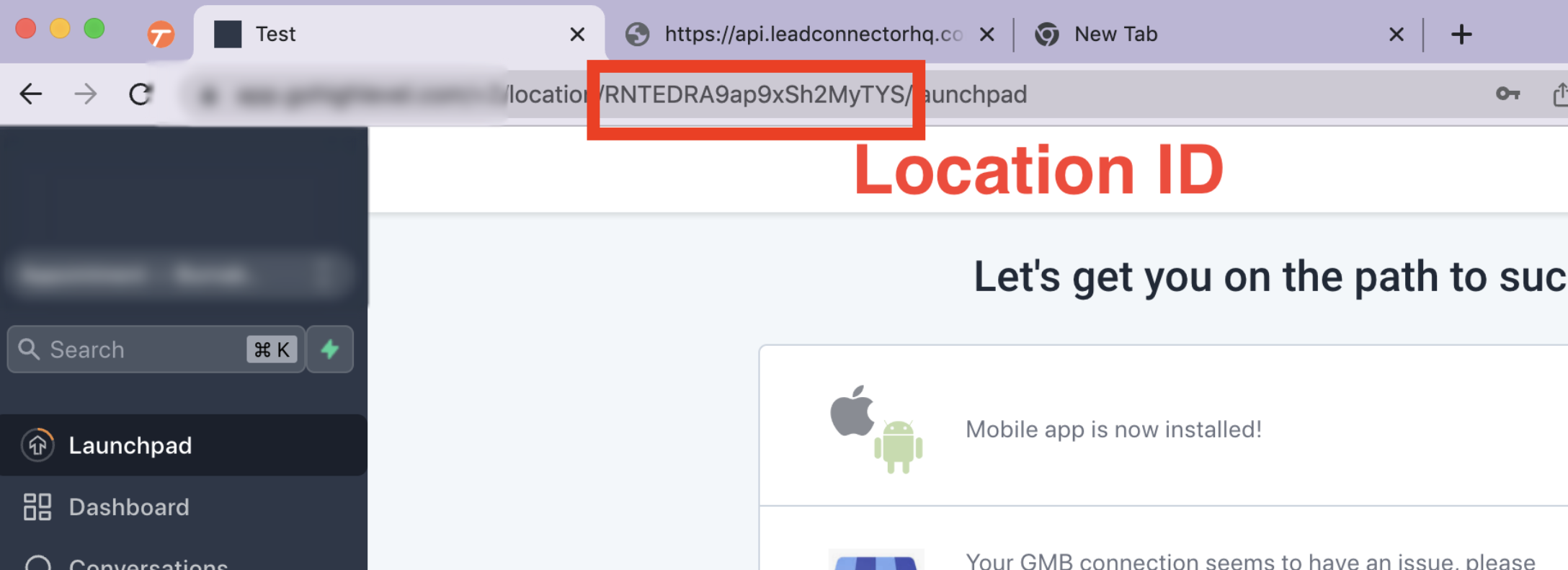Sub-account URL showing the Location ID