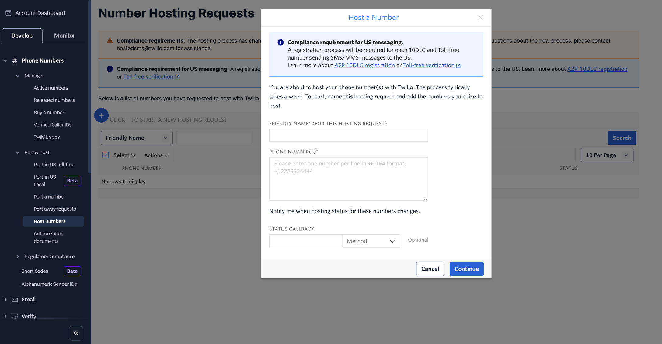 Number Hosting request screen showing hosted number entry and messaging compliance requirements