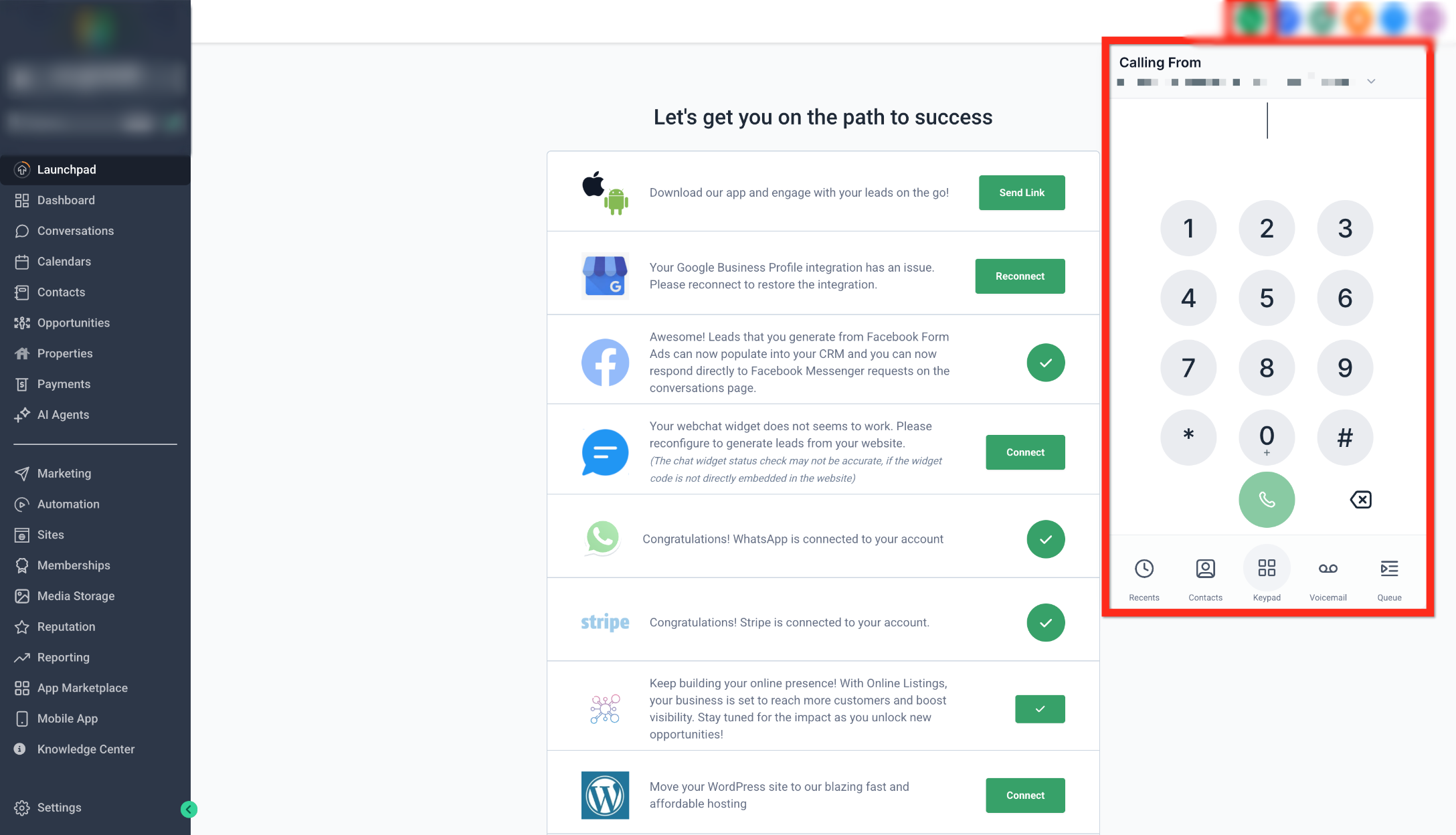 Web Dialer opened from the green phone icon