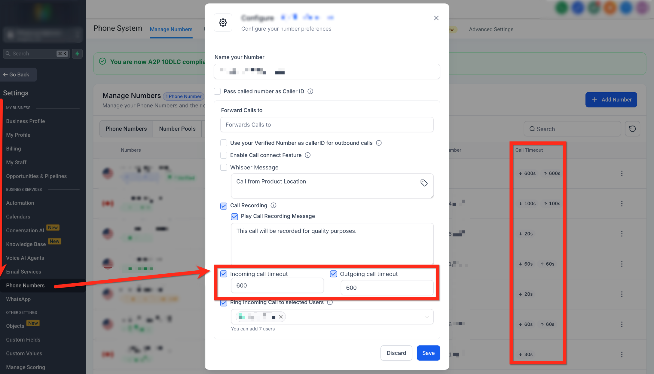 Phone number configuration showing incoming and outgoing call timeout settings