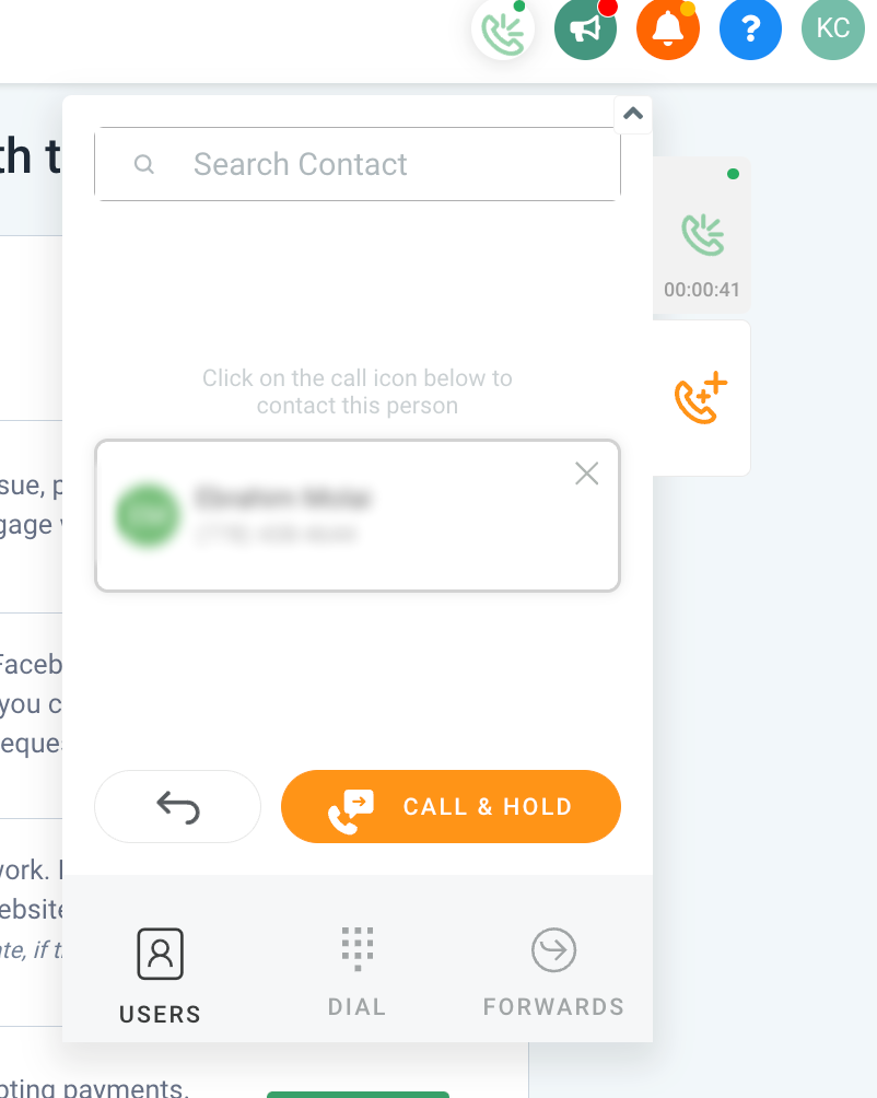 Web Dialer warm transfer screen showing Call and Hold