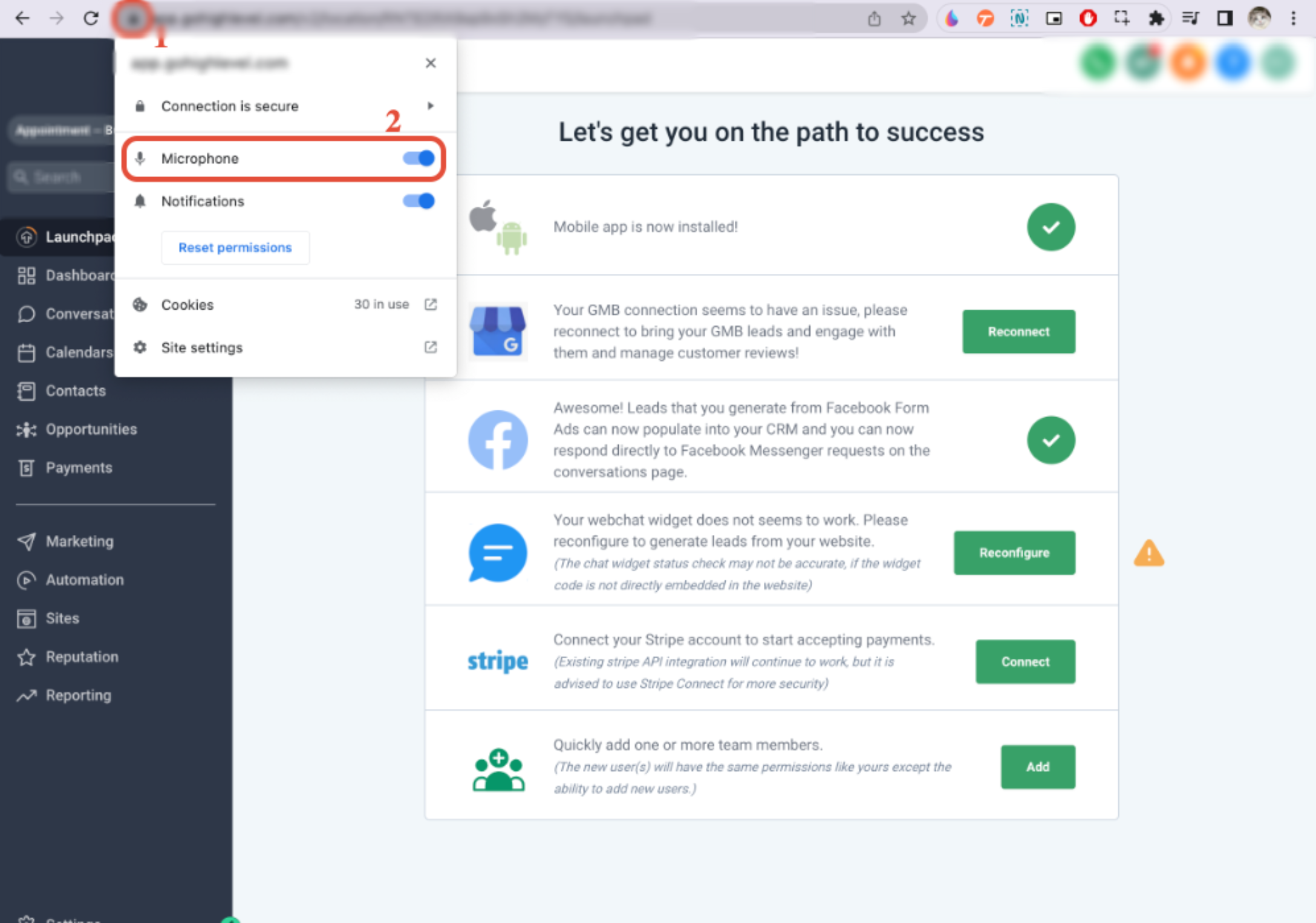 Chrome site information menu showing microphone permission enabled