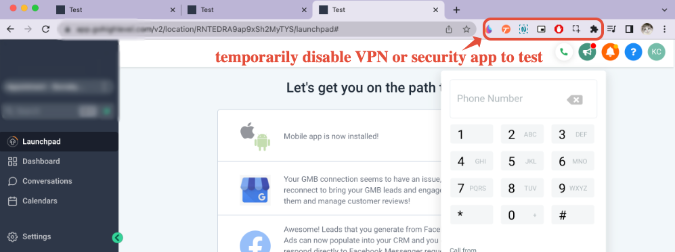 Chrome browser showing VPN and security extensions that can interfere with the Web Dialer