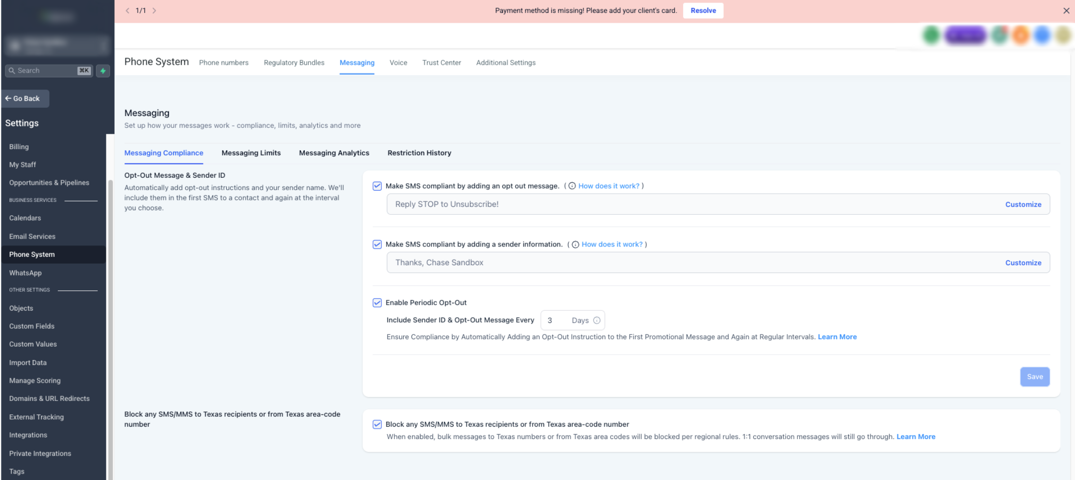 Phone System Messaging area showing the Messaging Analytics tab