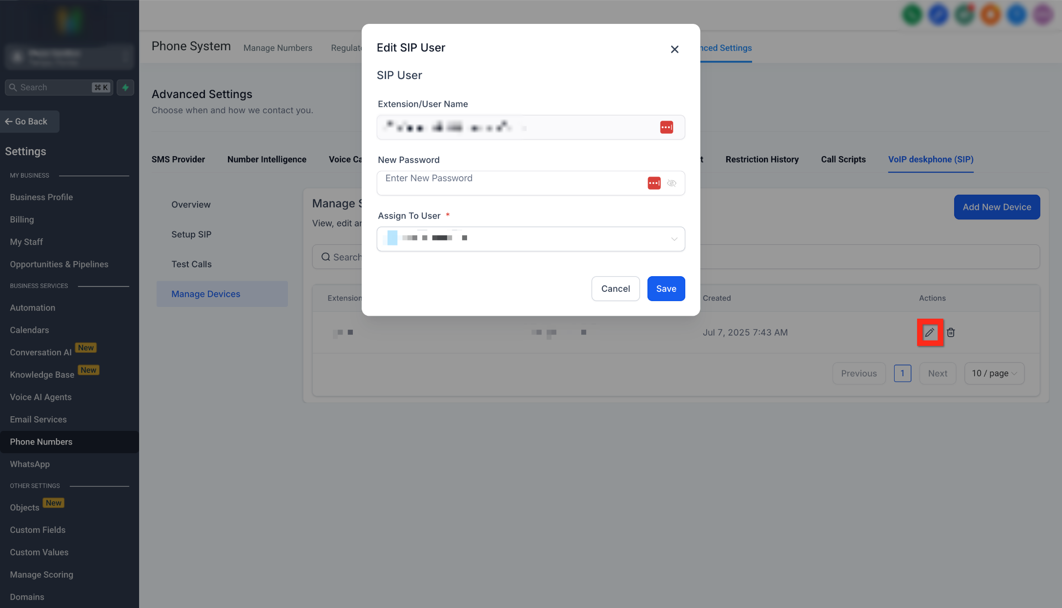Edit SIP User modal for resetting the SIP password or assigned user