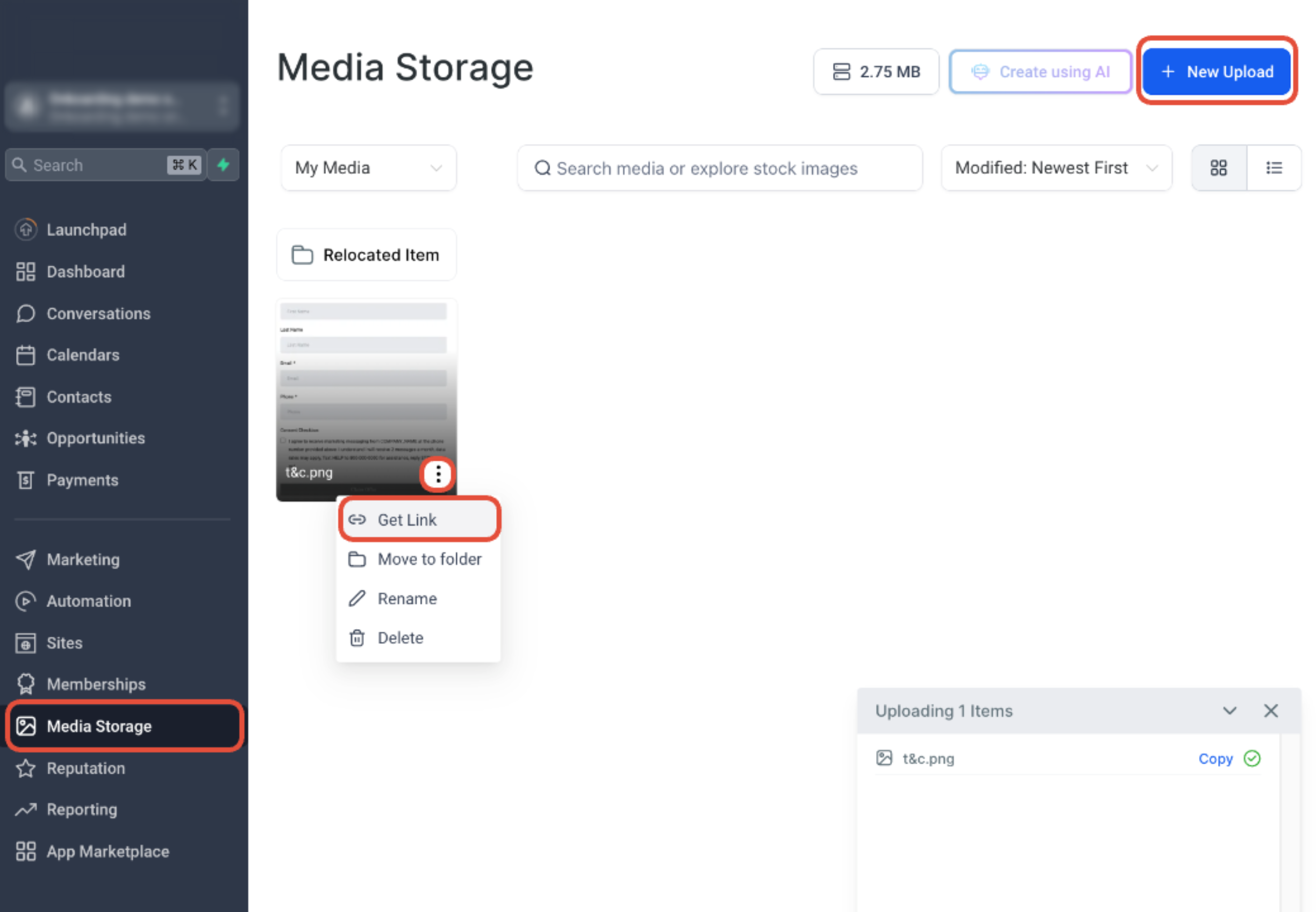 HighLevel Media Storage showing New Upload and Get Link