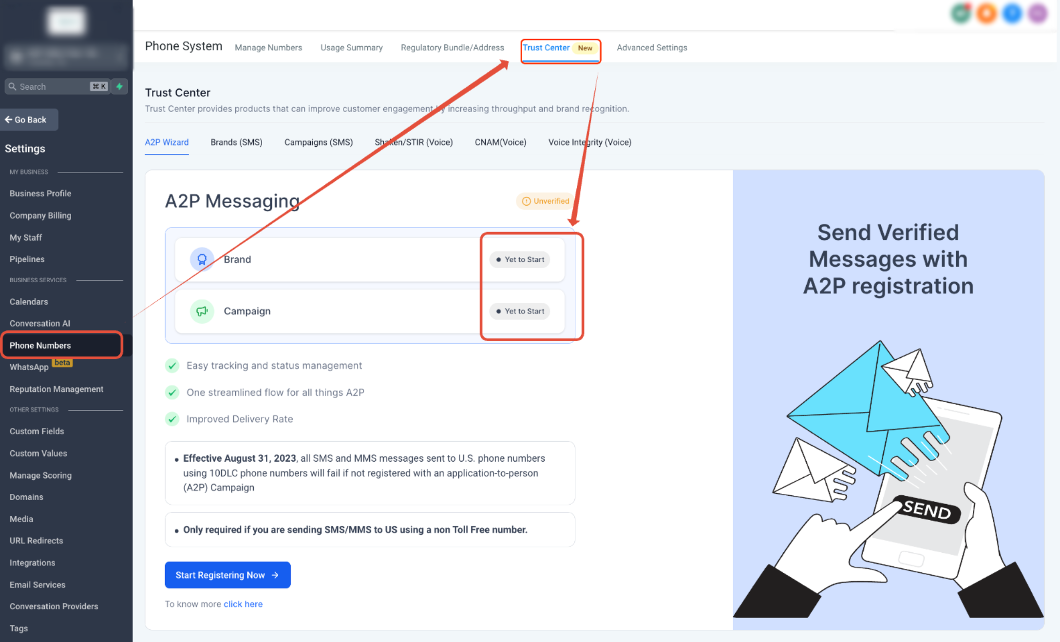 A2P Brand and Campaign registration flow in HighLevel Trust Center