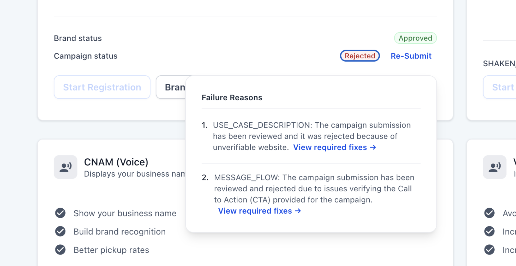 Rejected A2P Campaign showing multiple failure reasons and View required fixes links
