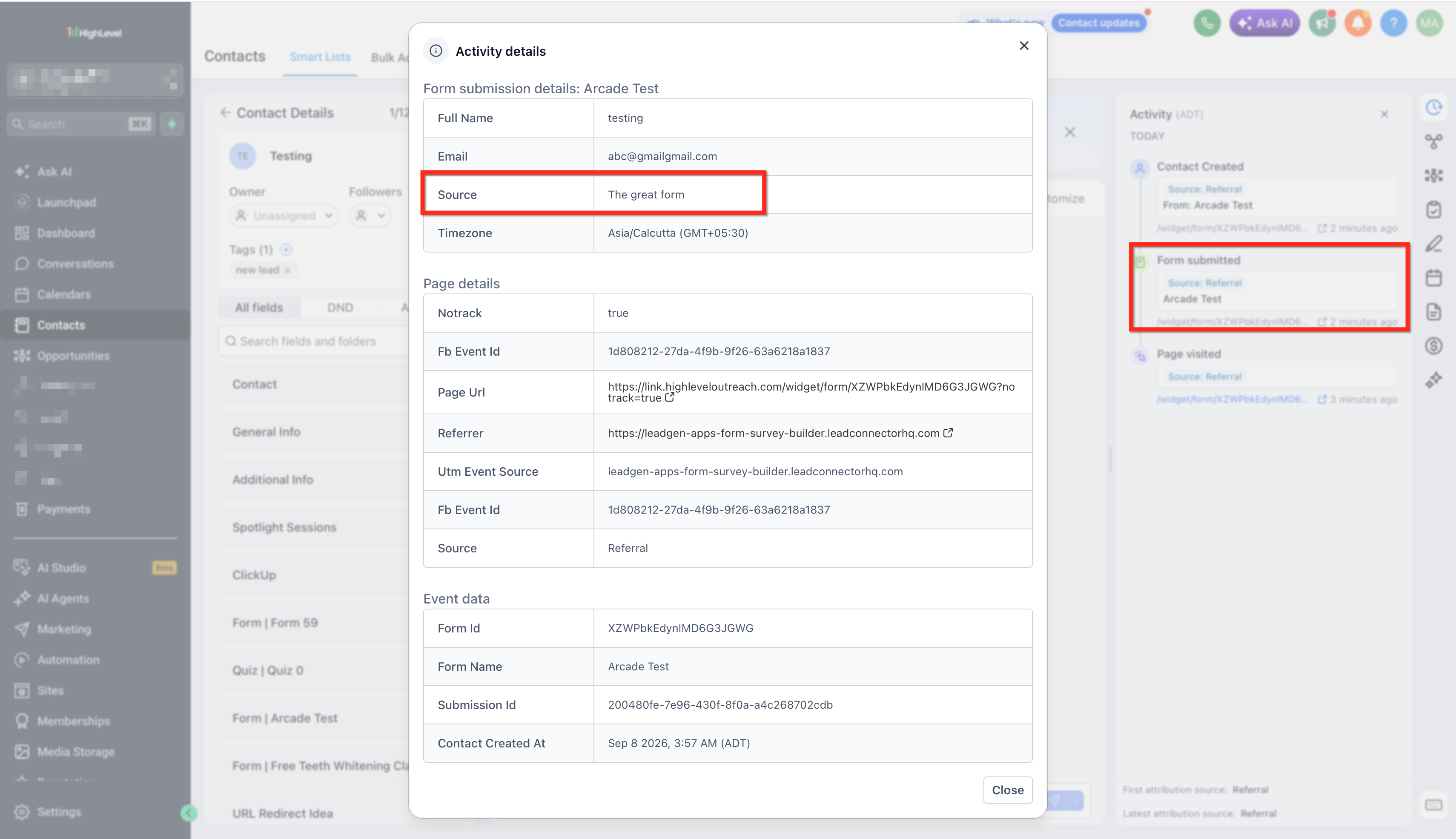 A contact record showing standard fields and custom fields populated from a form submission