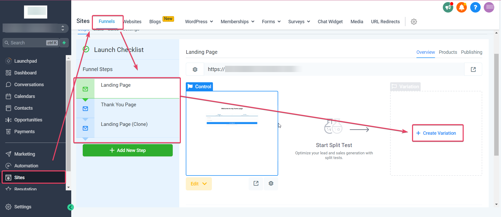 Funnel step editor showing the Create Variation button and traffic-split slider