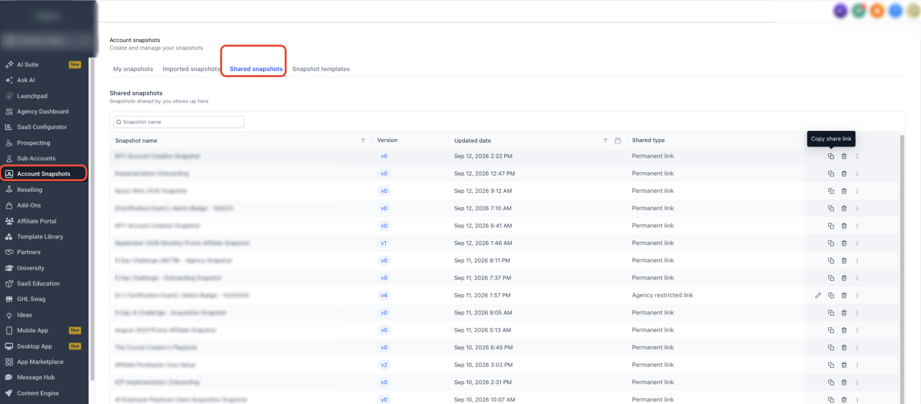 Snapshot Share modal with Assets Protection enabled