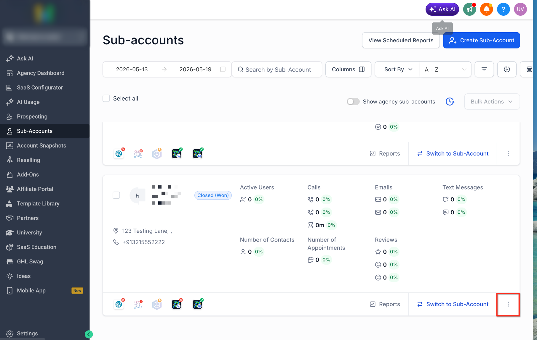 Agency sub-account list showing the action menu for the destination sub-account