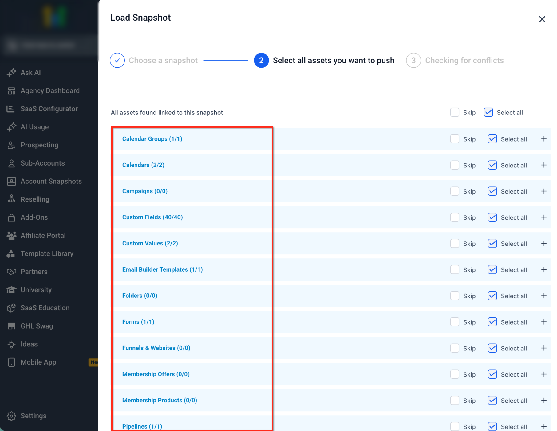 Snapshot asset selection screen for loading assets into a sub-account