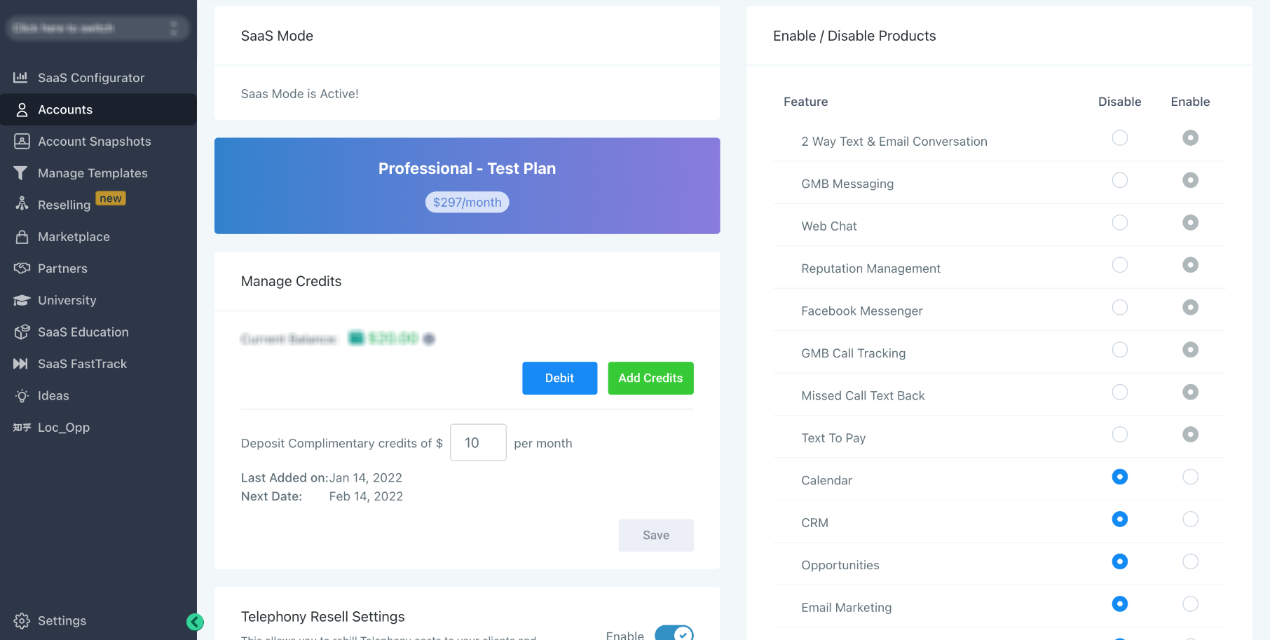 Agency account details used to verify SaaS plan feature access