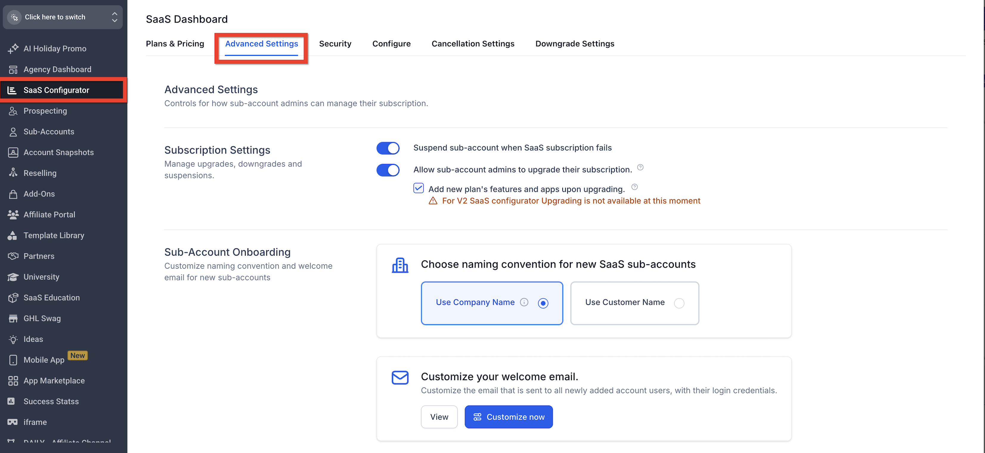 SaaS Configurator Advanced Settings