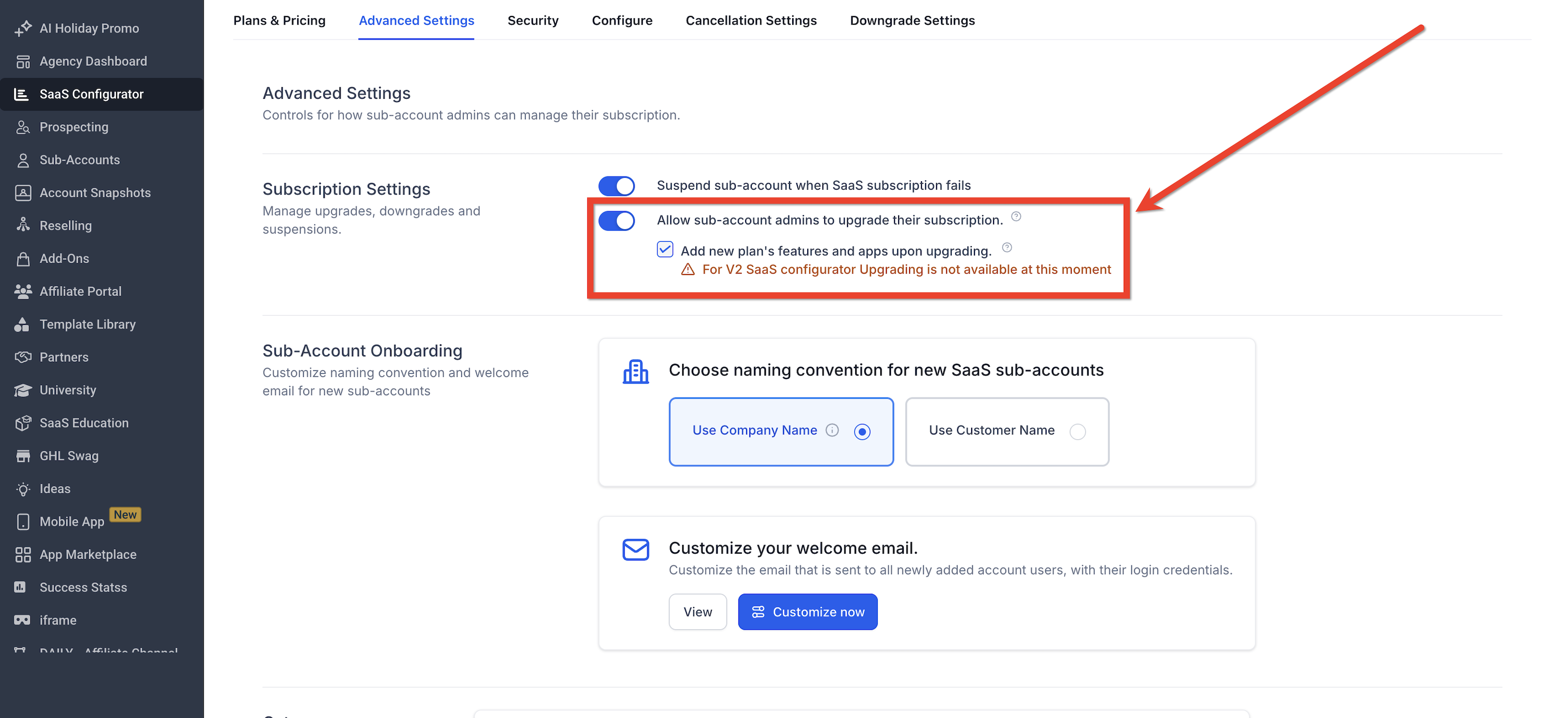 Client upgrade and feature-access settings
