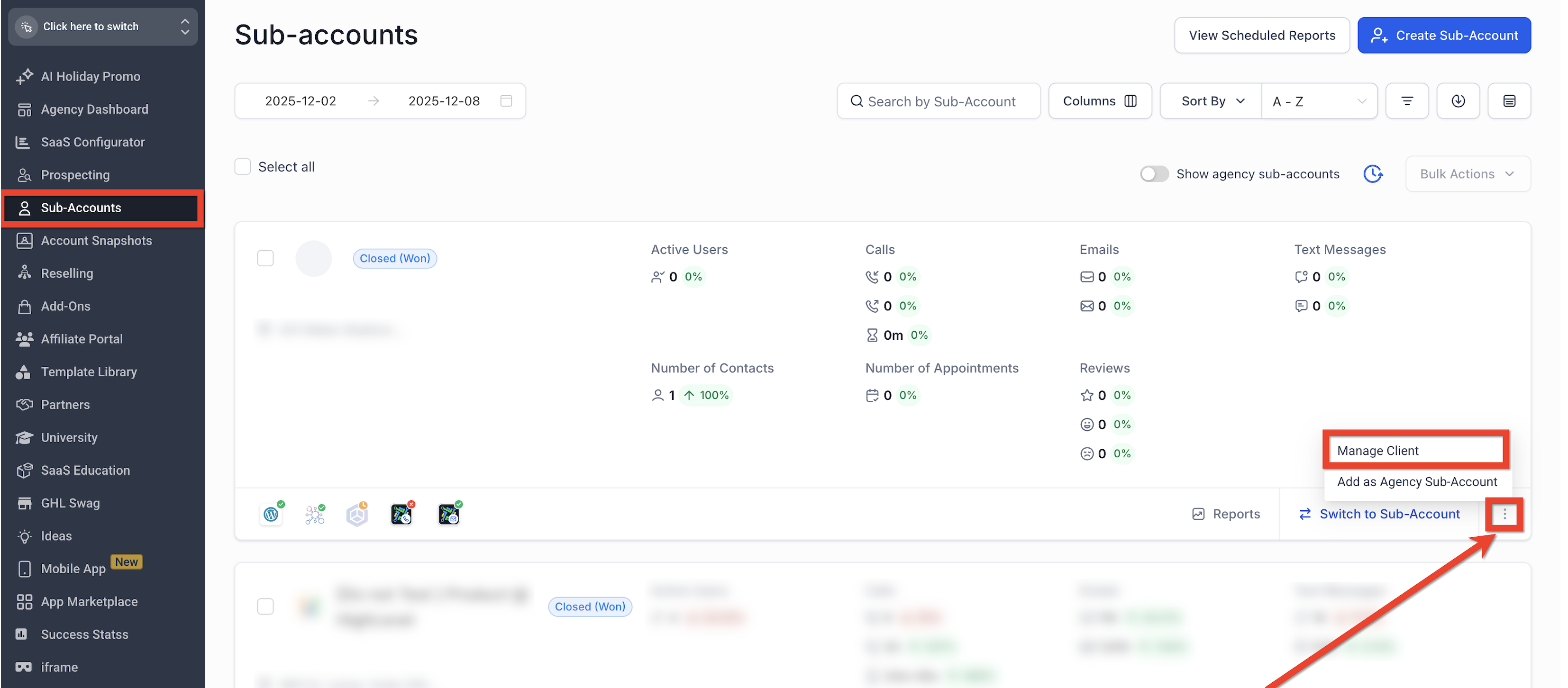 Manage Client option for a sub-account