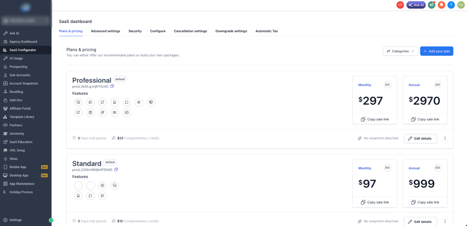 SaaS Configurator showing SaaS V1 and V2 plan architecture