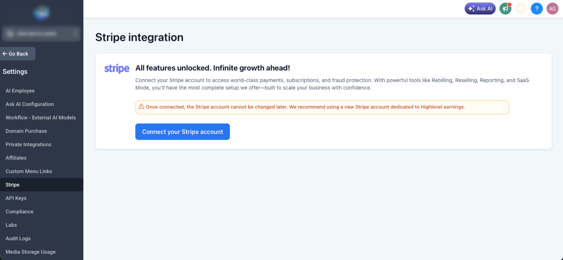Stripe connection settings for SaaS V1