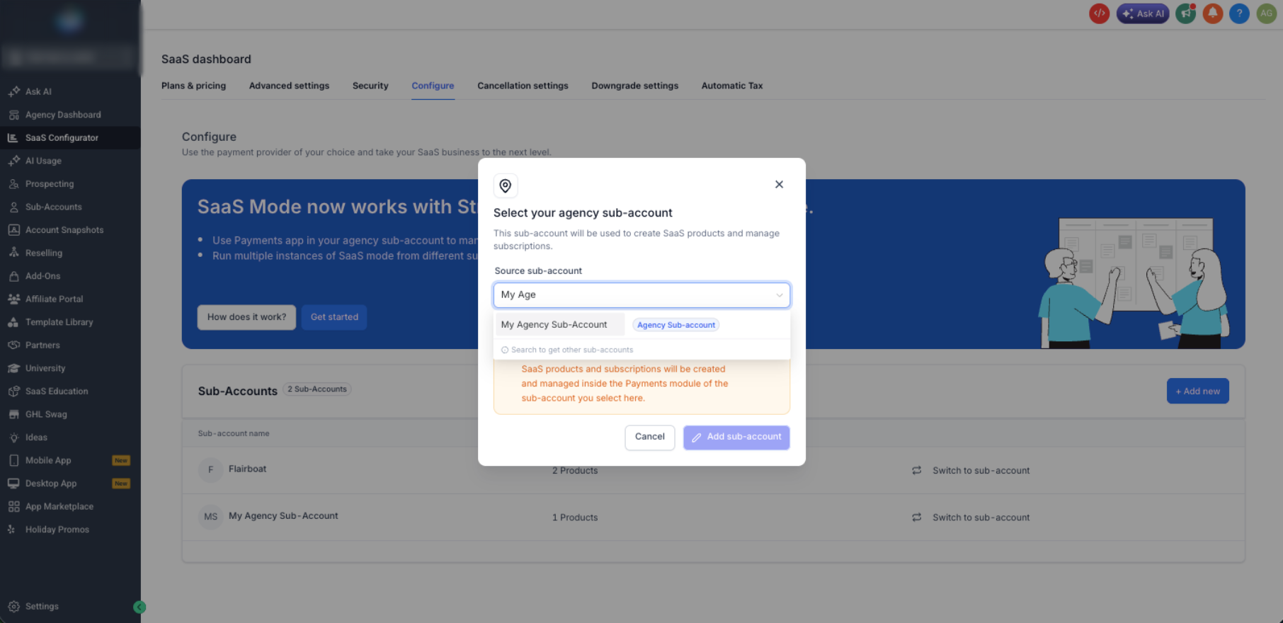 Selecting an Agency Sub-Account for SaaS V2