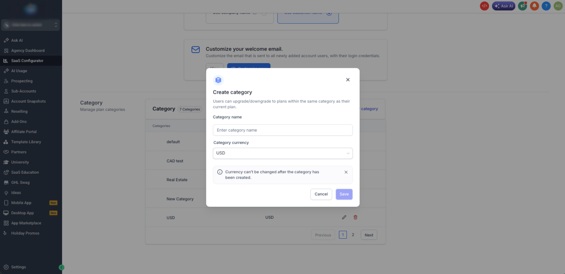 Creating a SaaS plan category