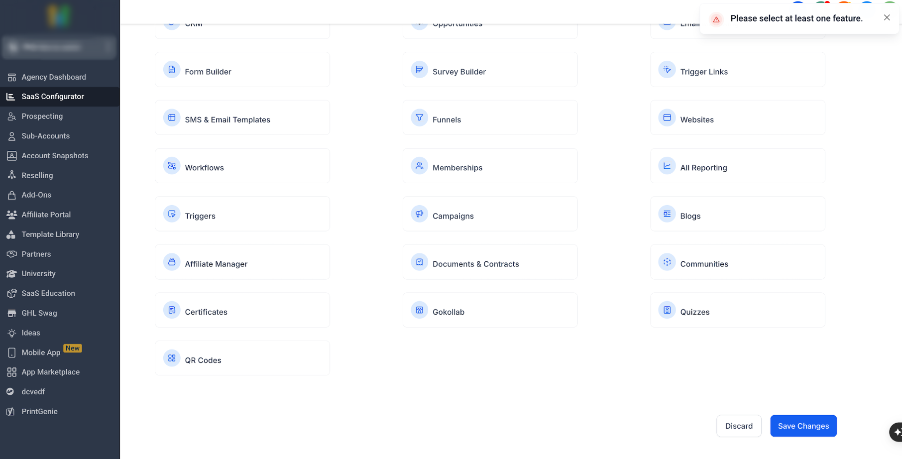 Feature selection required for a SaaS plan