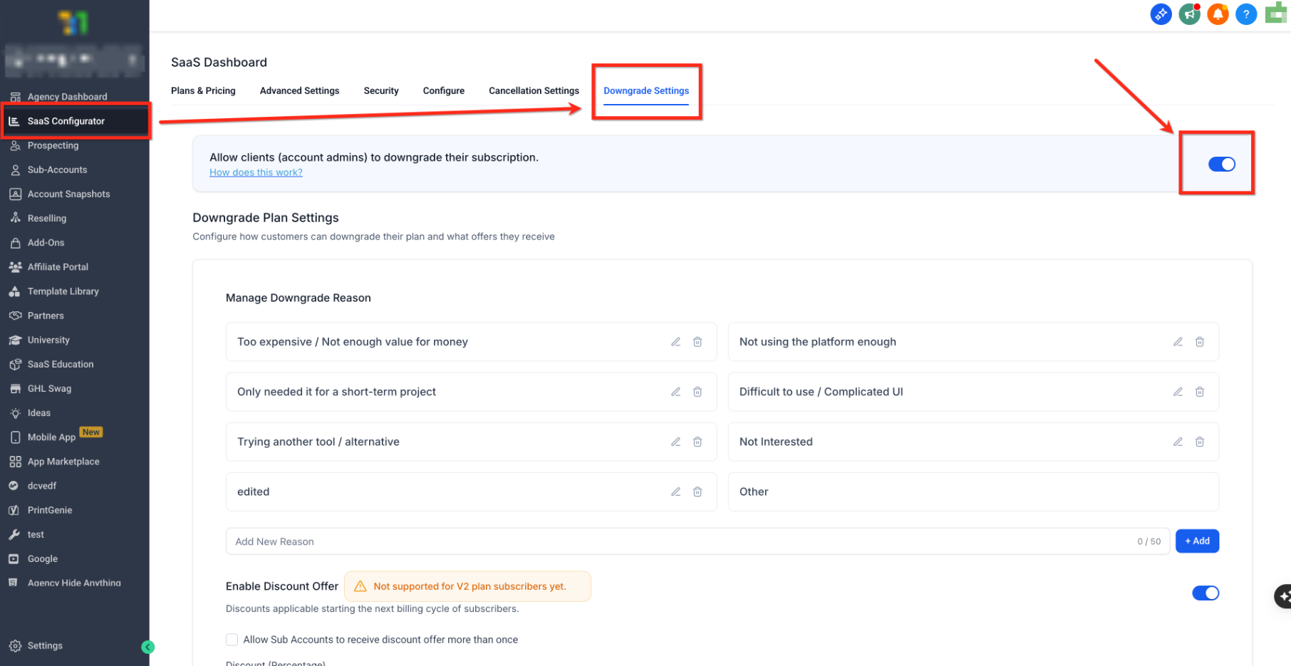 Downgrade Settings showing the self-service downgrade toggle