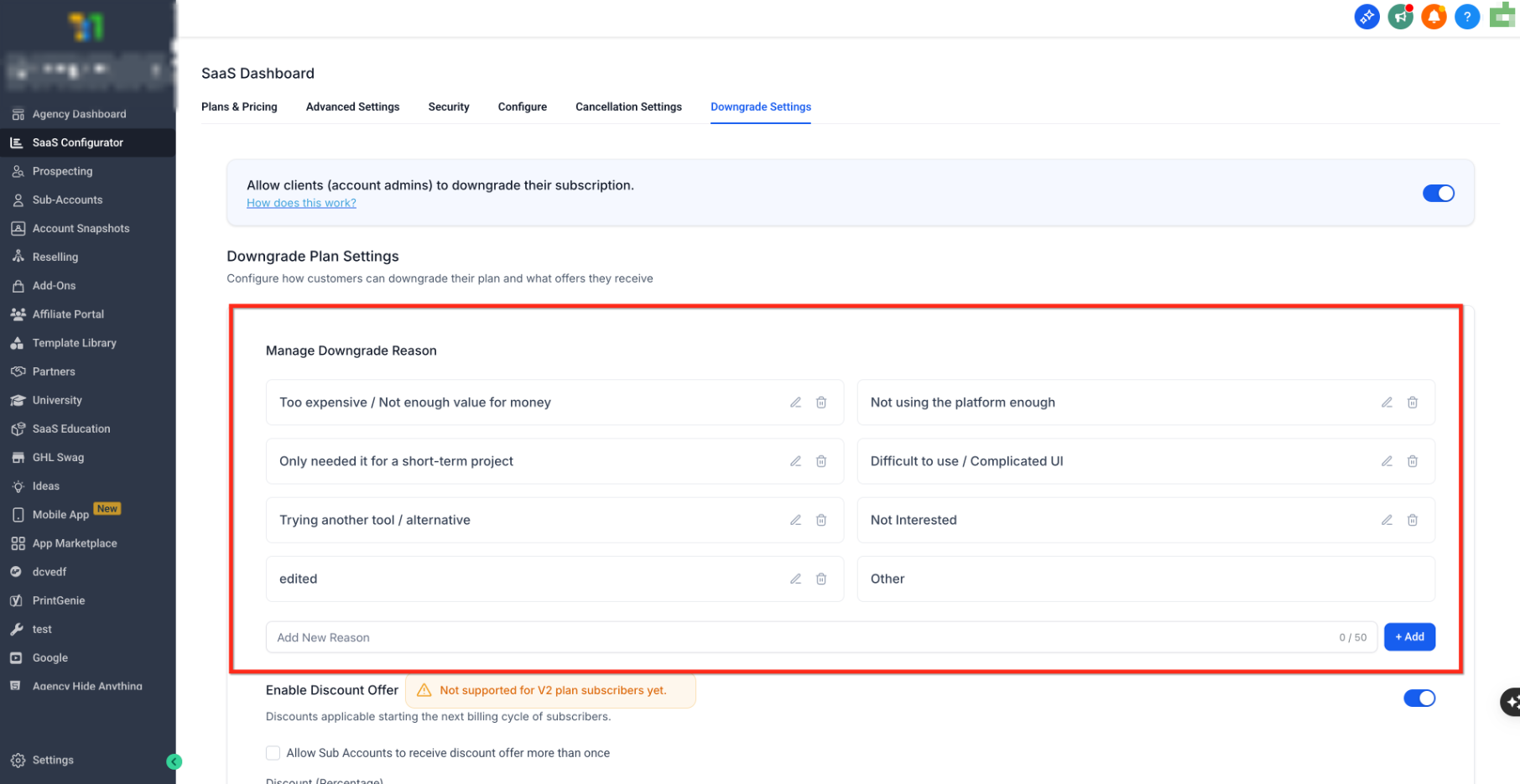 Downgrade Settings showing configurable downgrade reasons