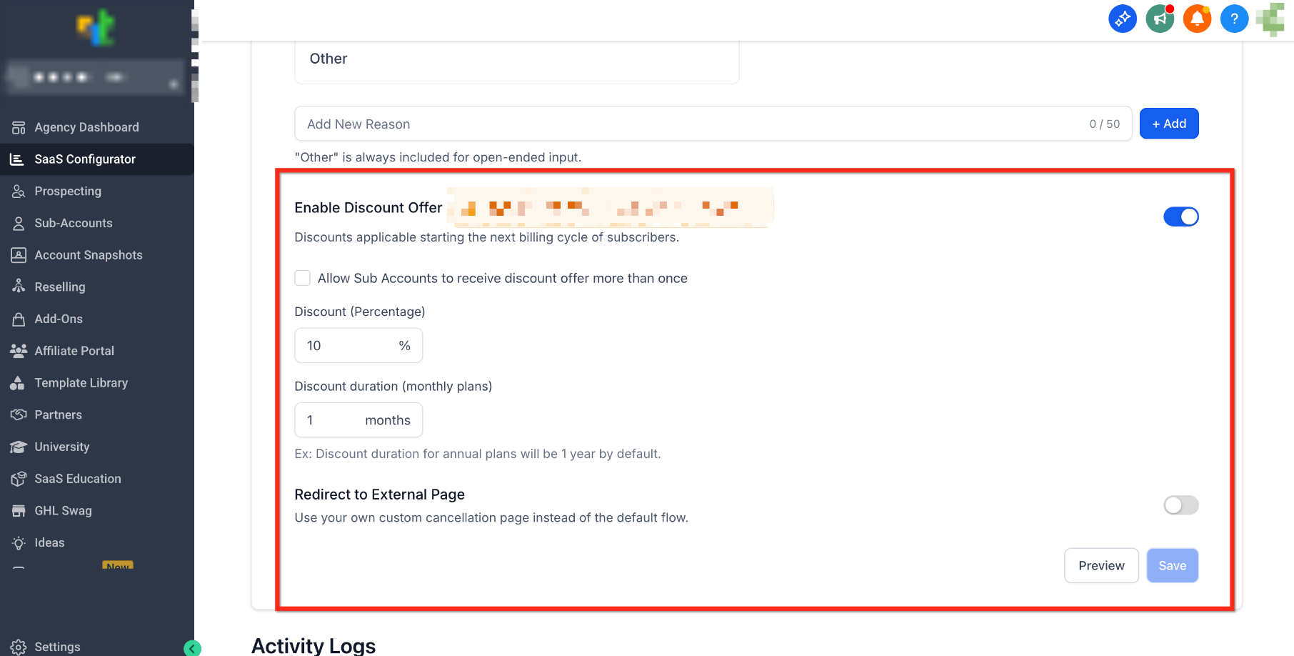 Downgrade Settings showing the optional retention discount configuration