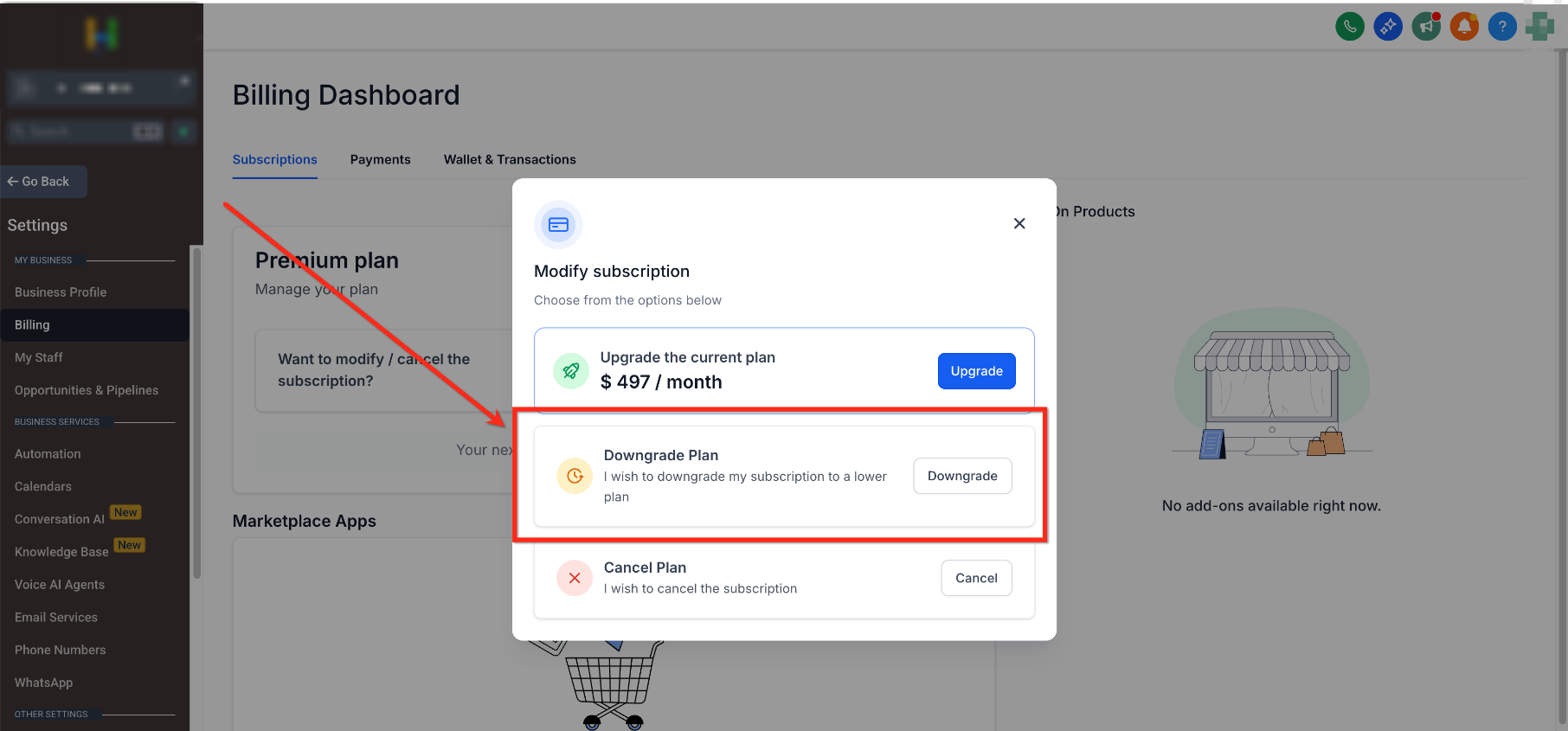 Client Billing page showing the option to modify or downgrade a SaaS subscription