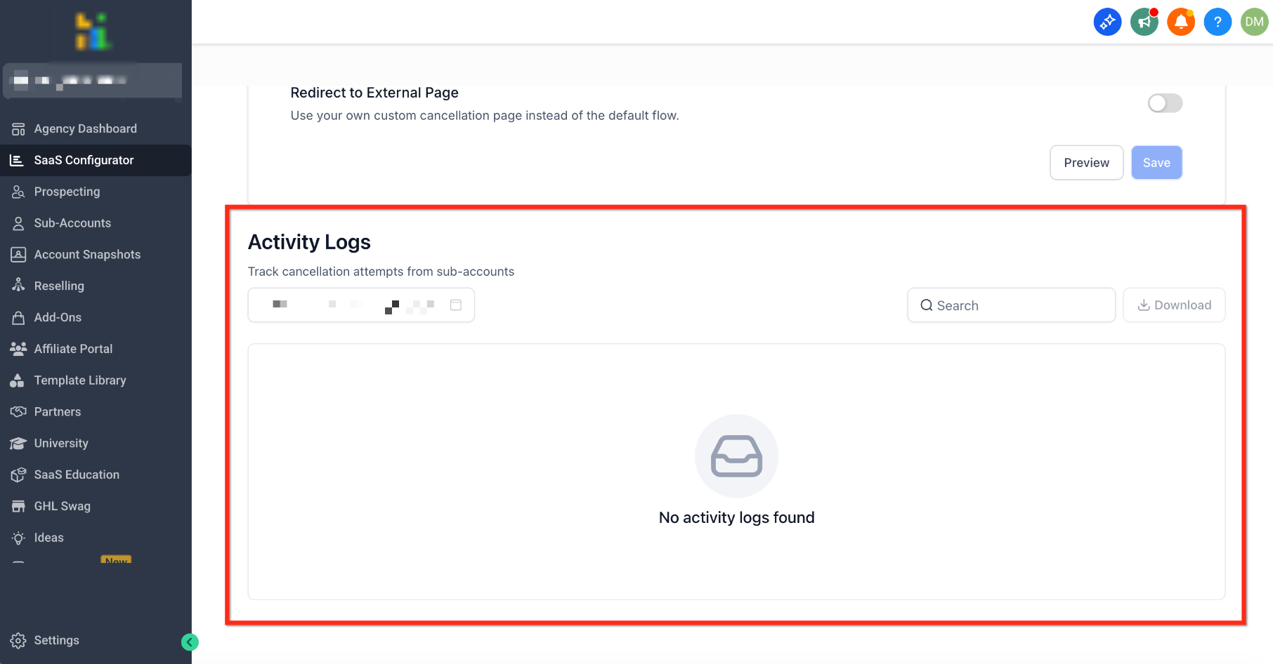 SaaS Configurator Activity Logs showing downgrade and deflection activity