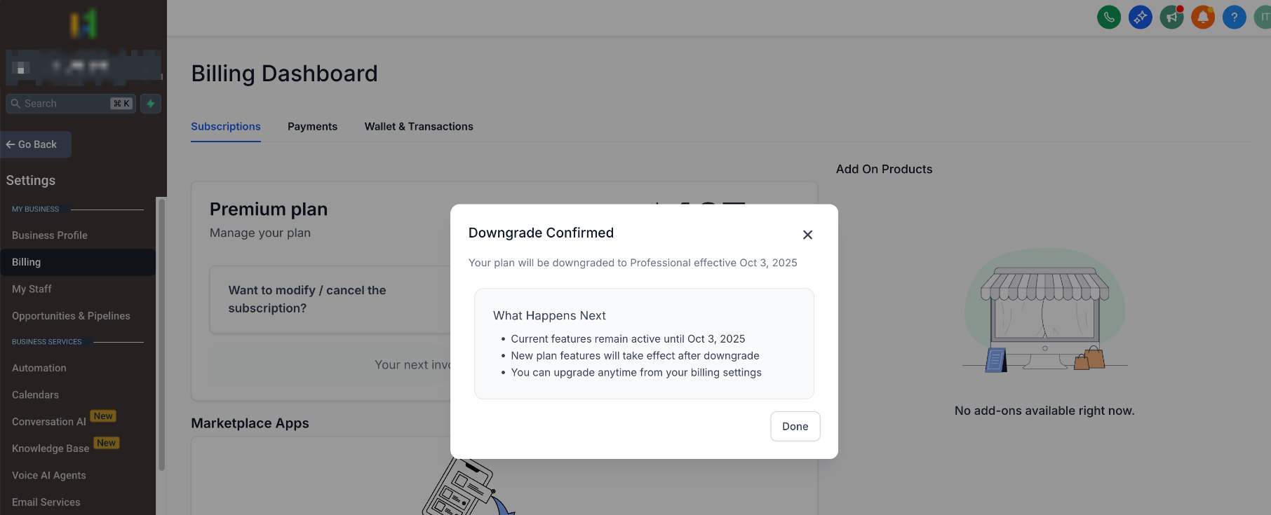Confirmation showing the scheduled SaaS downgrade and effective billing date