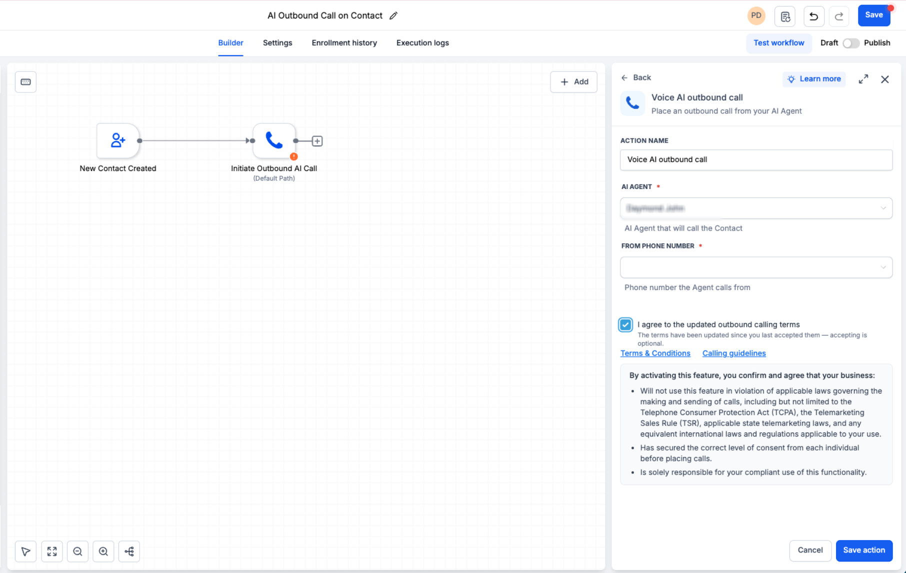 Voice AI Outbound Call workflow action with outbound calling terms