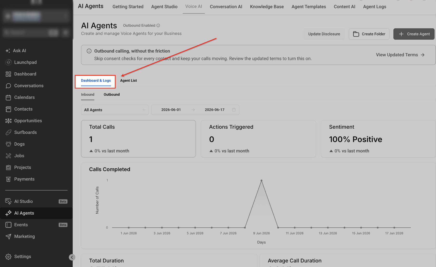 Voice AI Dashboard and Logs navigation