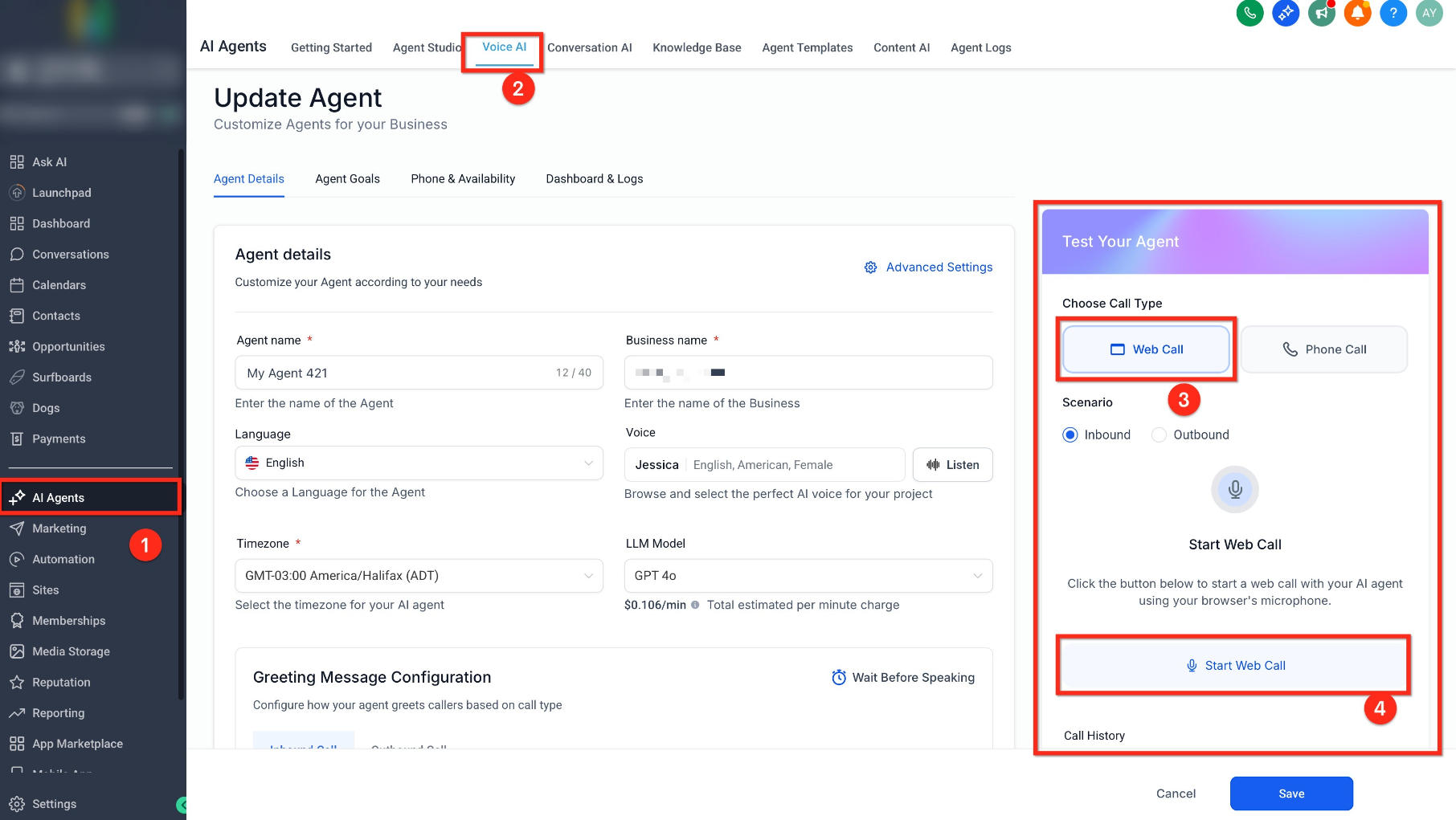Voice AI agent testing panel showing Web Call and Phone Call options