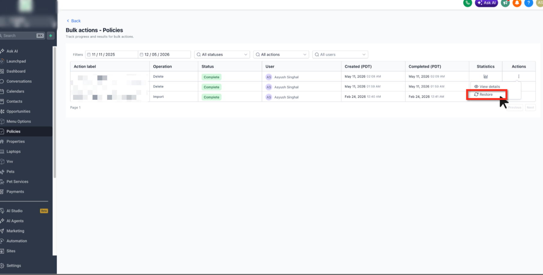Restore option for an eligible bulk deletion job