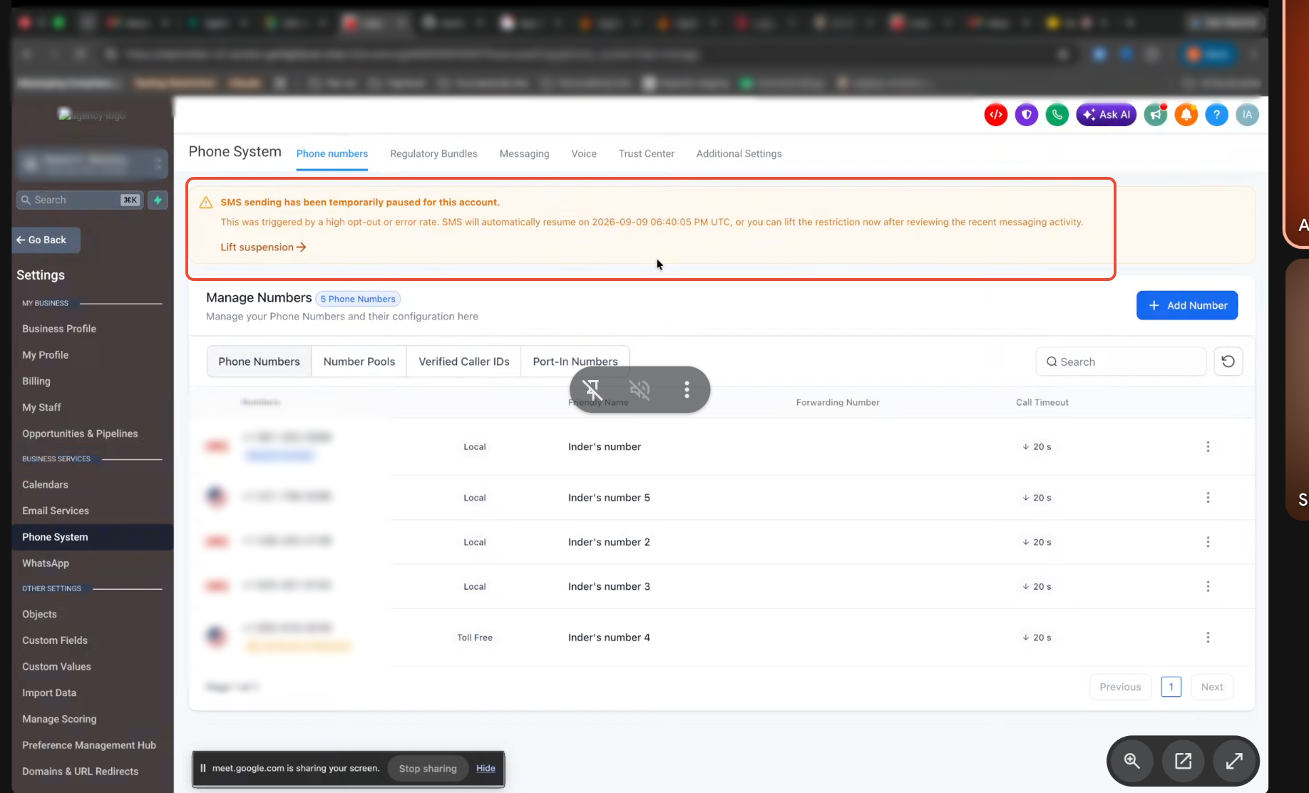 Messaging restriction banner shown in the sub-account