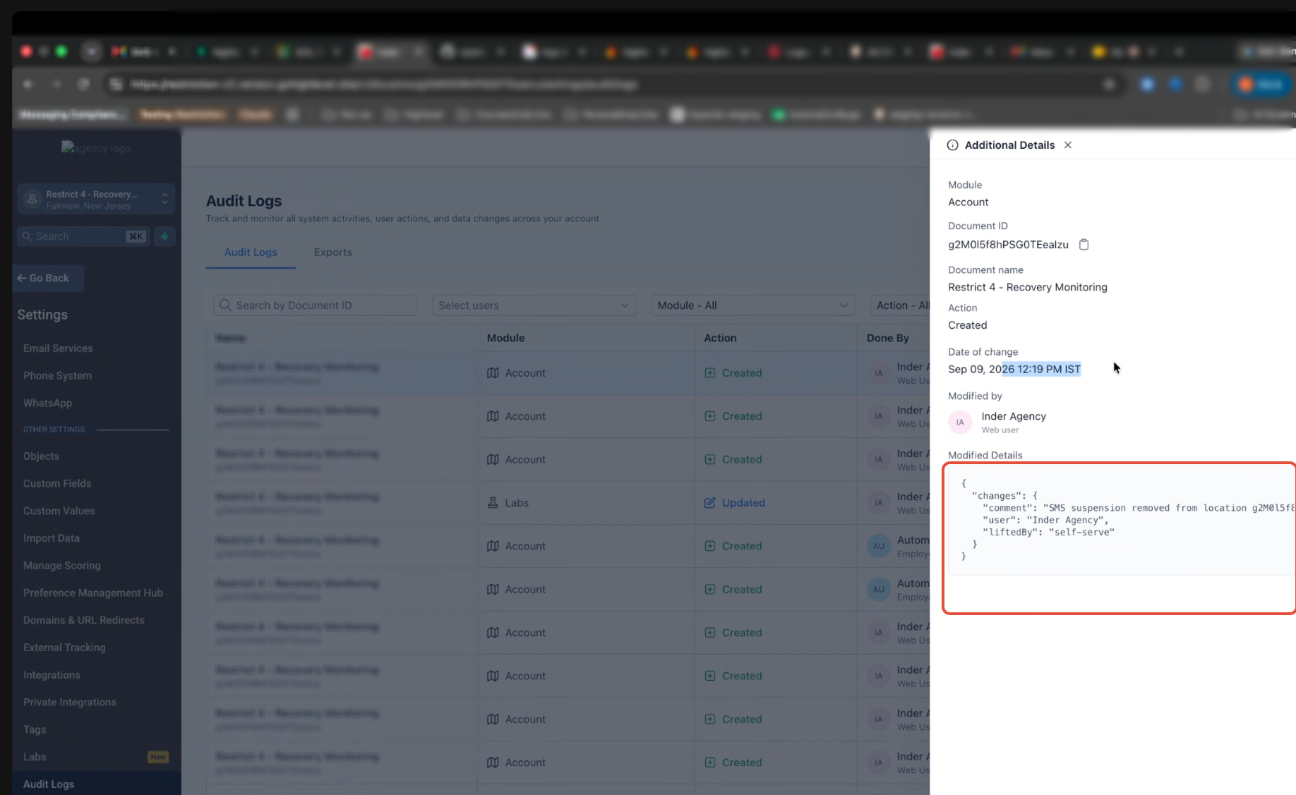 Audit log entry created when a restriction is self-lifted