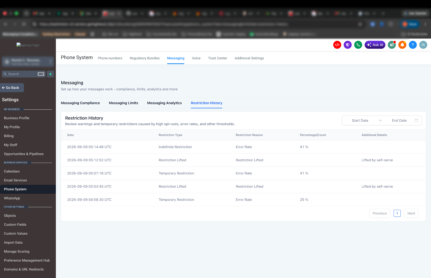 Restriction History tab showing restriction and lift events