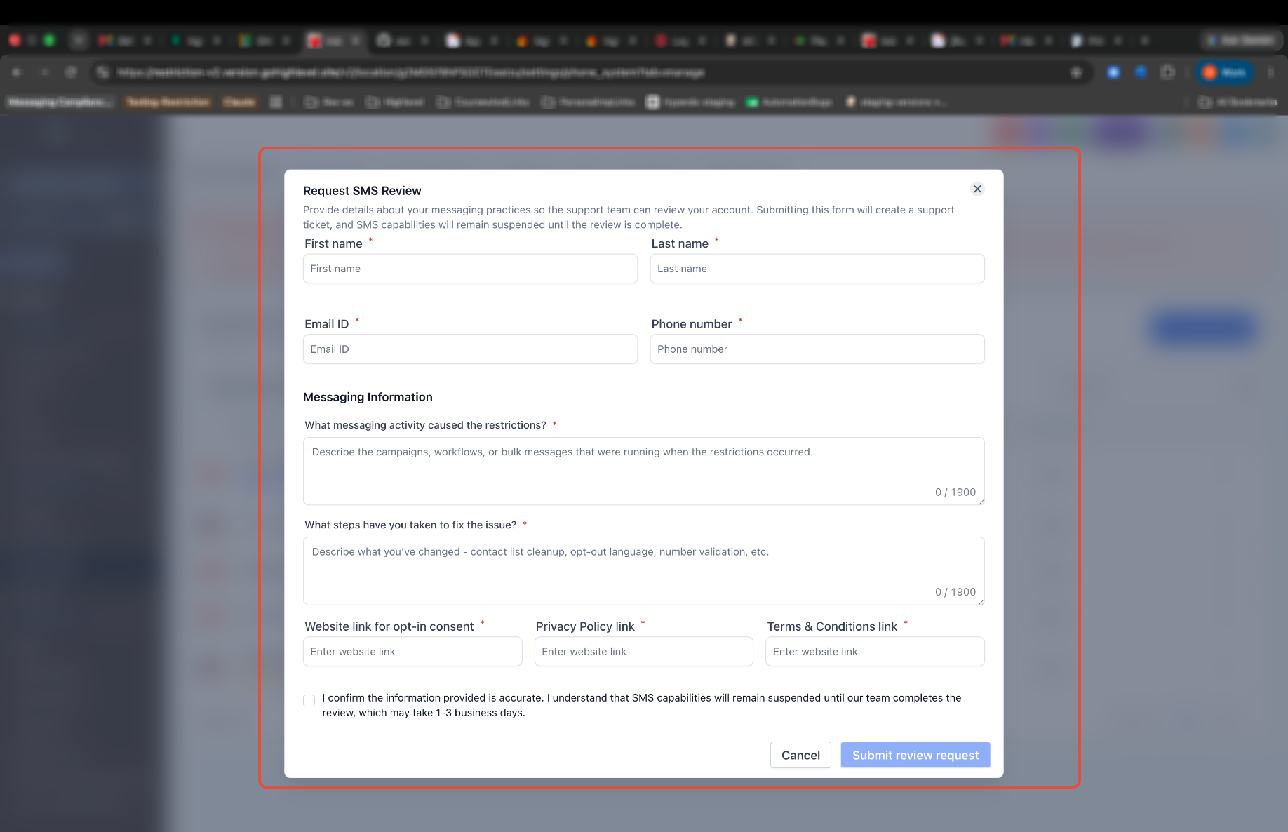 Messaging quality review request entry point