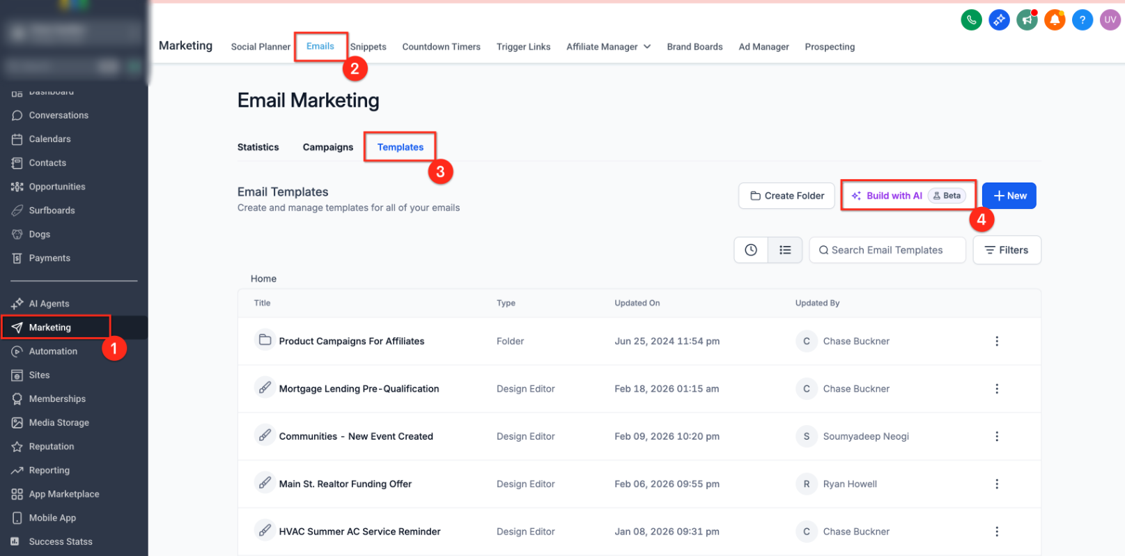 Build with AI button in Email Marketing templates